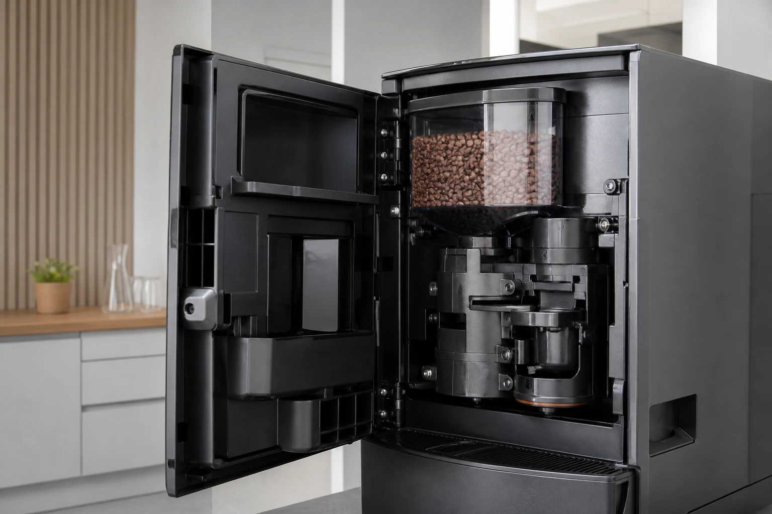 Åben servicelåge på en kaffeautomat, hvor bønnebeholderen og bryggegruppen er synlige indeni.