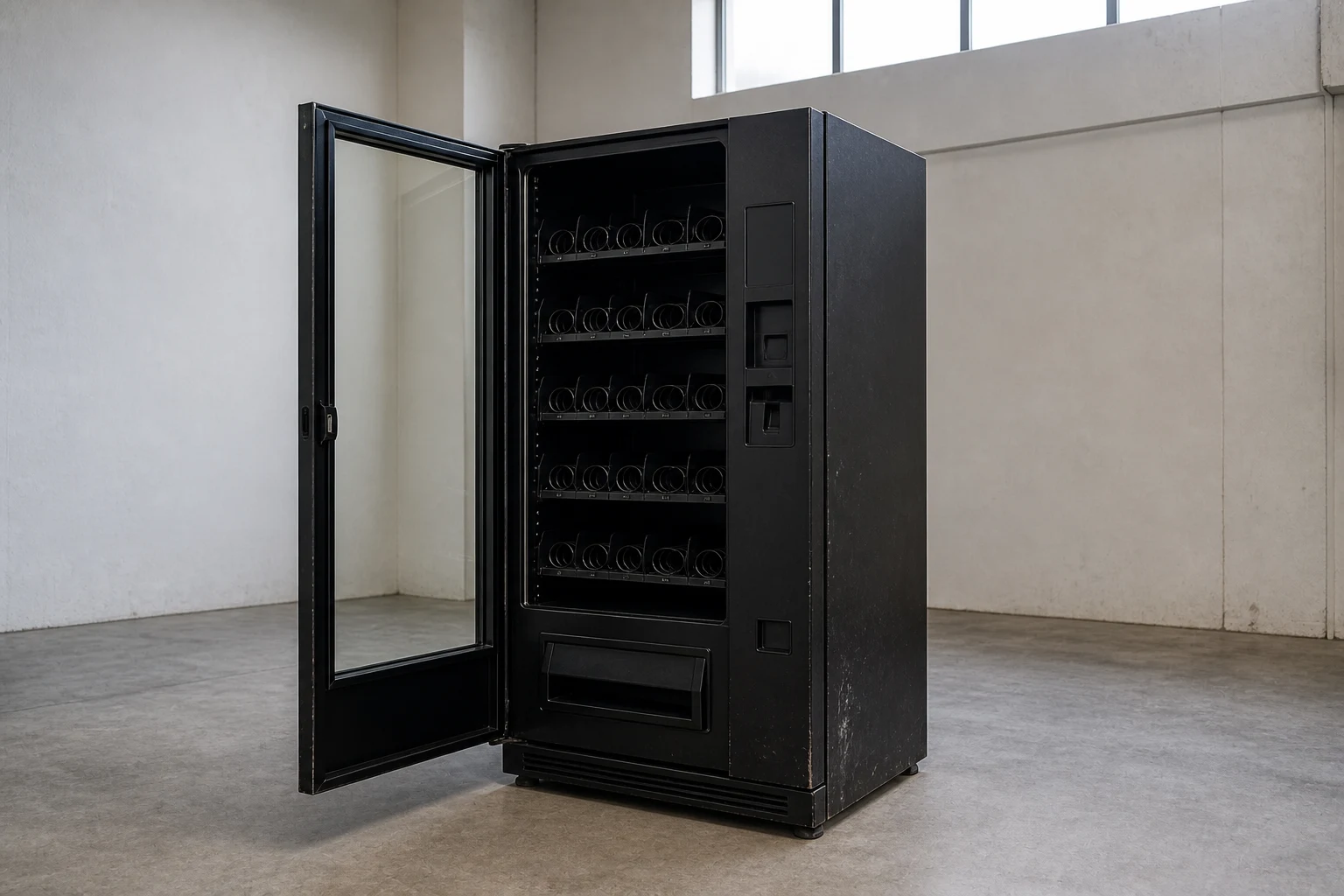 Brugt vareautomat med åben glasdør og tomme hylder, opstillet alene i et lagerlokale med betongulv.