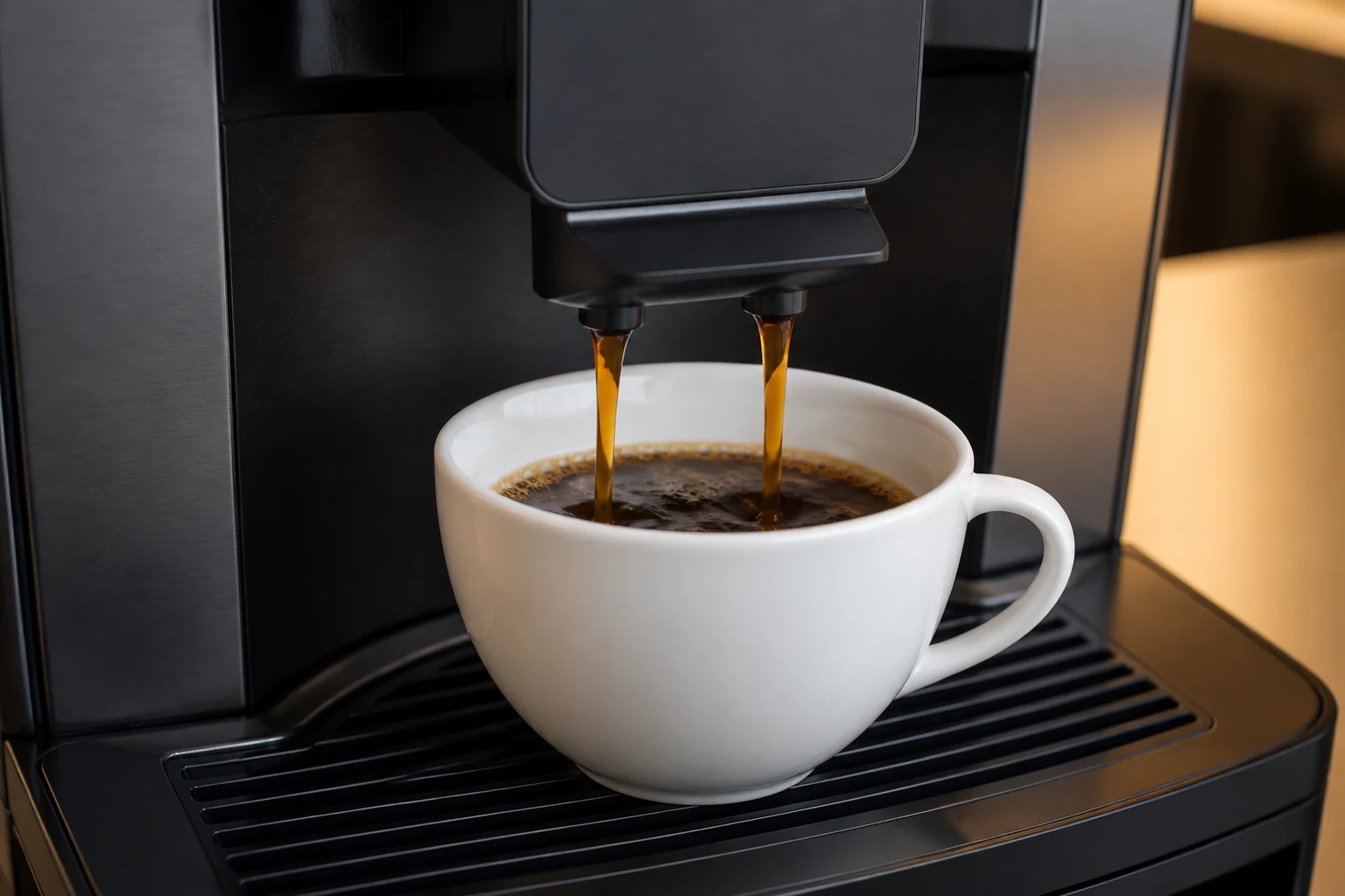 Friskbrygget kaffe løber fra en automats udløb ned i en hvid kop, der står på drypbakken.