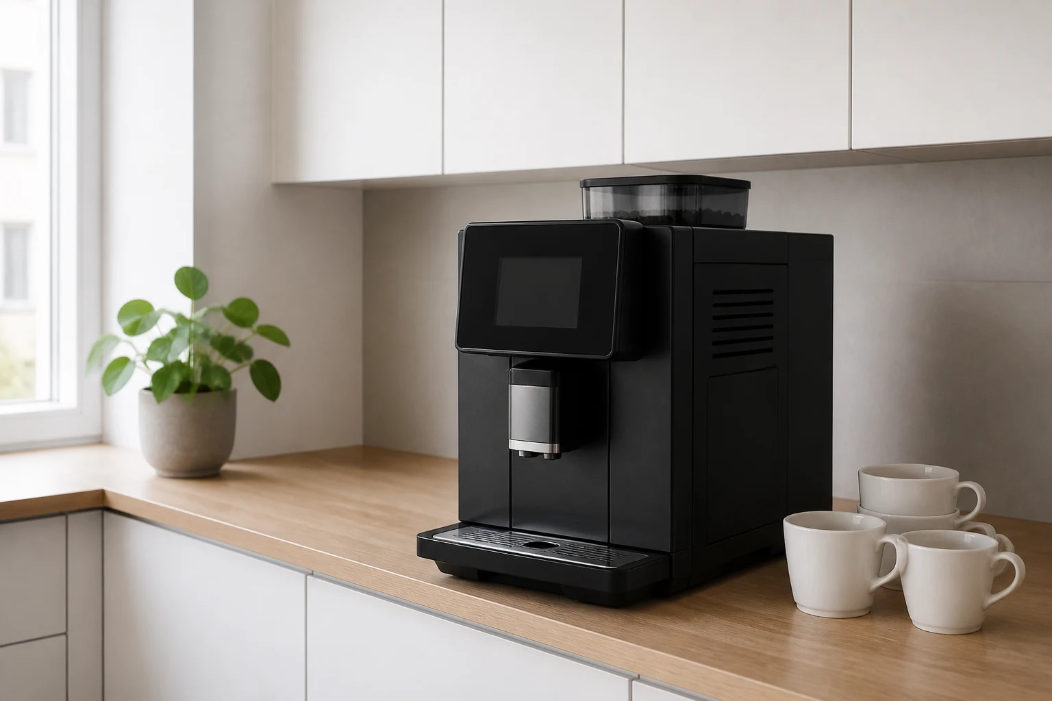 Fuldautomatisk kaffemaskine på en lys træbordplade i et tekøkken på et kontor, med hvide kopper ved siden af og dagslys fra vinduet.
