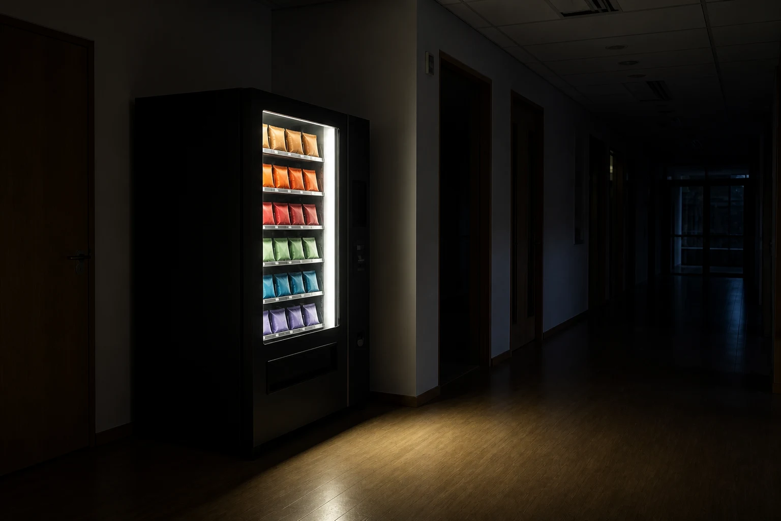Oplyst snackautomat i en mørk kontorgang om aftenen. Lyset fra maskinen falder ud på gulvet, resten af gangen er slukket.