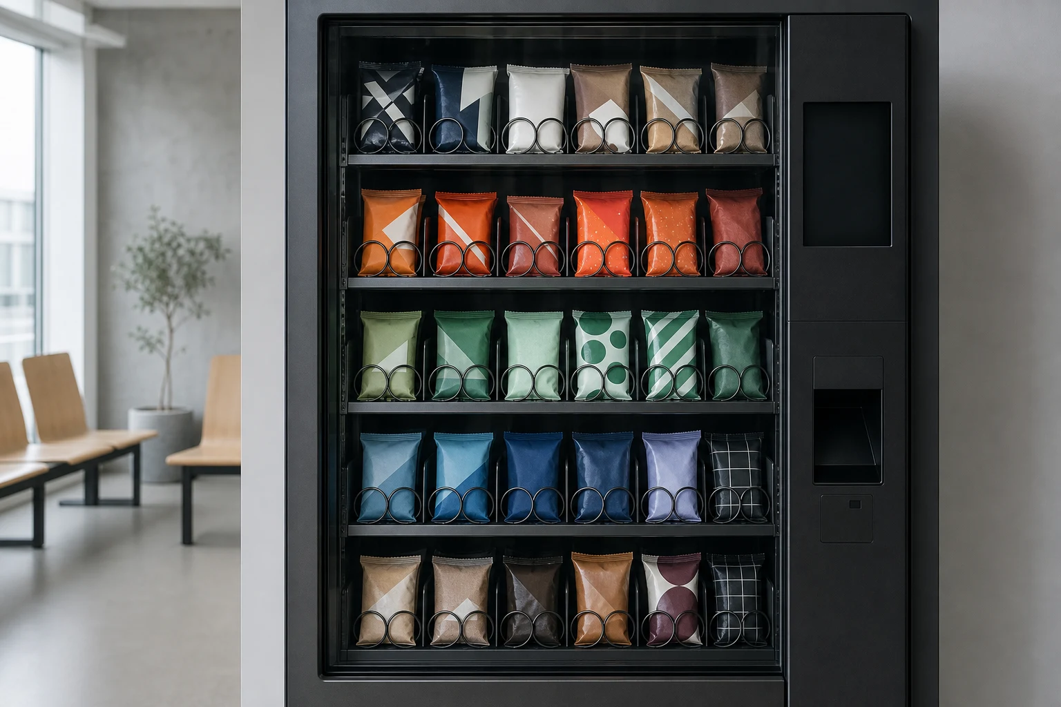 Slikautomat set forfra gennem glasfronten, med spiralhylder der holder indpakkede varer i rækker.