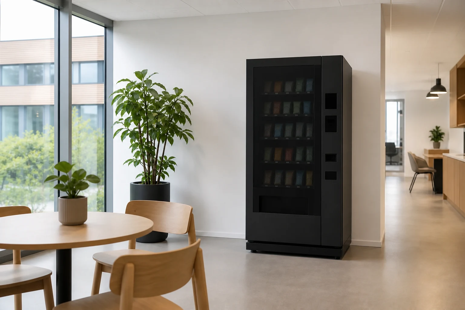 Vareautomat op ad væggen i et fællesområde på et kontor, med rundt bord og stole i forgrunden og dagslys fra store vinduer.